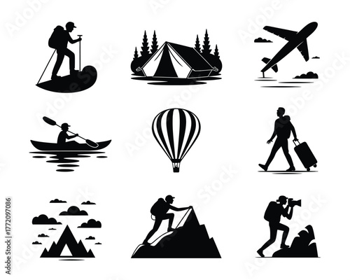 Diverse travel and adventure silhouettes hiking kayaking