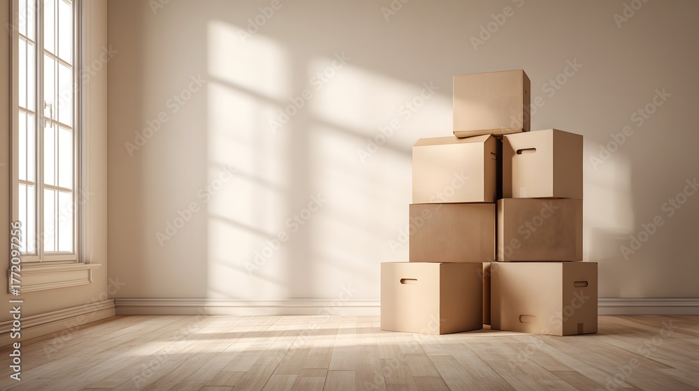 Fototapeta premium Stack of cardboard containers rests inside an empty room illuminated by window sunlight