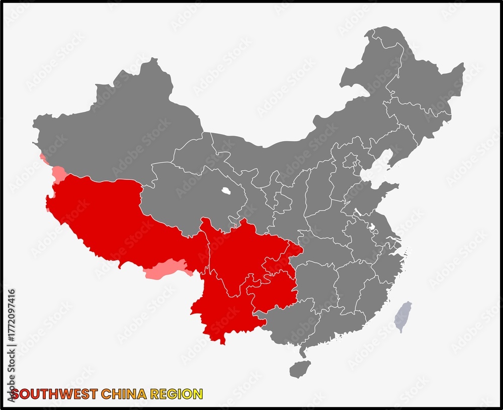 Fototapeta premium Map highlighting the Southwest China region in red on the country's outline.