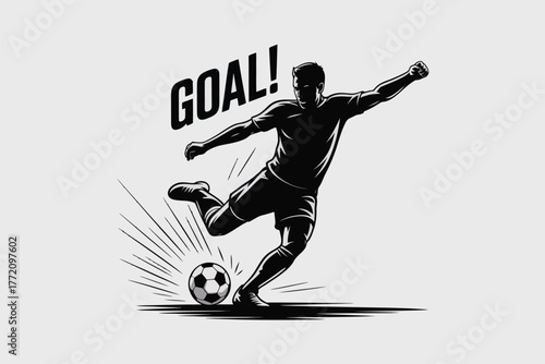 Dynamic soccer player scoring a goal with energetic motion lines football kicking