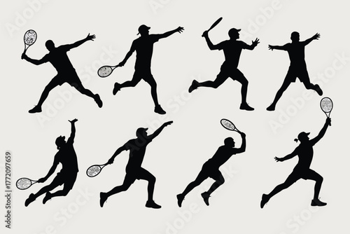 Eight athletic tennis players in dynamic action poses silhouettes black