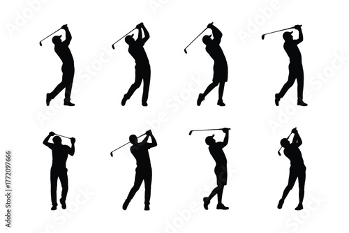 Eight black golfer silhouettes in action on white swing