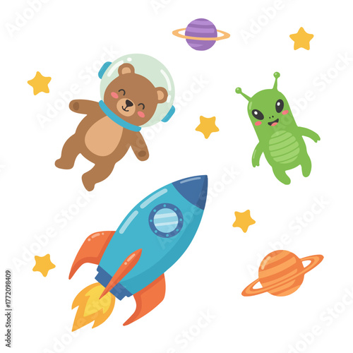 Cute cartoon space : bear astronaut, green alien, rocket, planets, and stars floating in outer space.