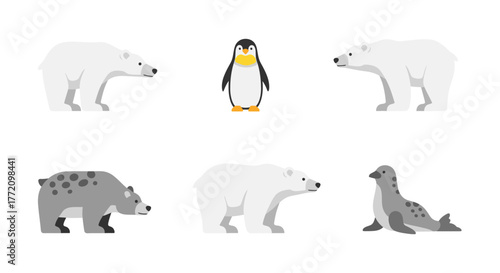 Arctic Wildlife Flat Design: Polar Bears Penguin and Seal
