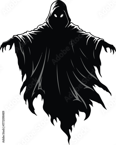 Eerie Silhouette: A haunting silhouette of a cloaked figure, with glowing eyes and outstretched arms, embodying mystery and the supernatural, a chilling presence.