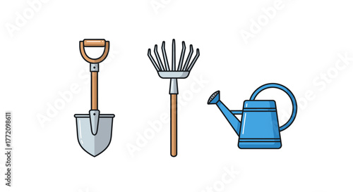 Gardening equipment shovel rake and watering can illustration minimal style