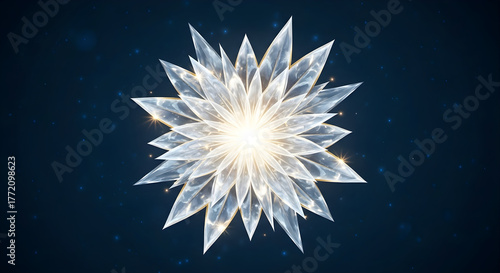 Radiant crystal flower shines brightly against a dark backdrop with sparkling lights for festive modern designs