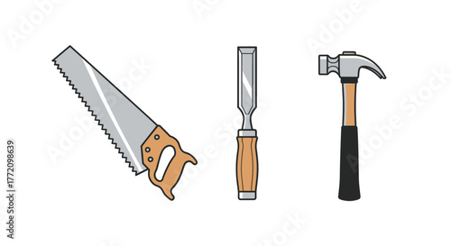 Carpentry tools illustrations saw chisel and hammer equipment for woodworking on white