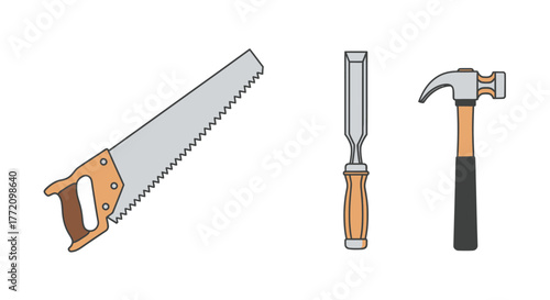 Illustrated carpentry tools including a saw chisel and hammer