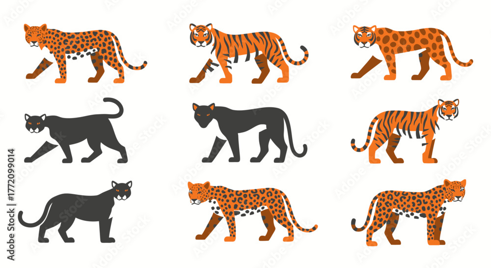 Obraz premium Colorful Cartoon Illustration Featuring Tigers Leopards and Panthers