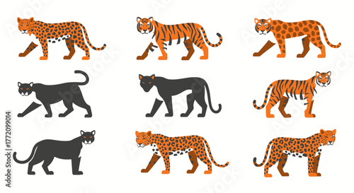 Colorful Cartoon Illustration Featuring Tigers Leopards and Panthers
