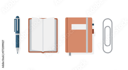 Minimalist stationary flat lay with pen notebooks and clip vector design