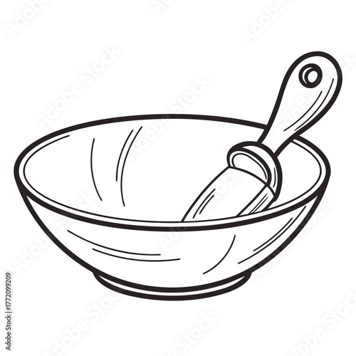 Outline drawing of an empty bowl with a scoop kitchenware