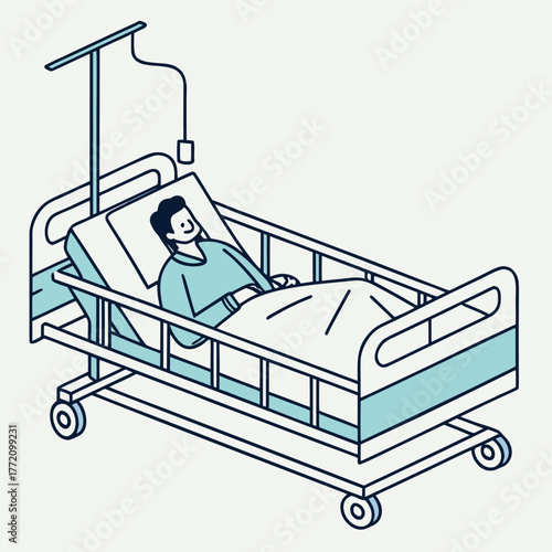 Person lying in hospital bed with I V drip patient