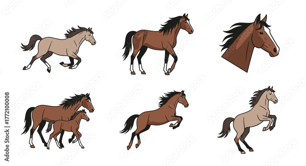 Obraz premium Cartoon Horses Animated Poses Mare and Foal Vector Illustration
