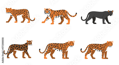 Exotic Feline Family Cartoon Style Featuring Tiger Jaguar and Panther