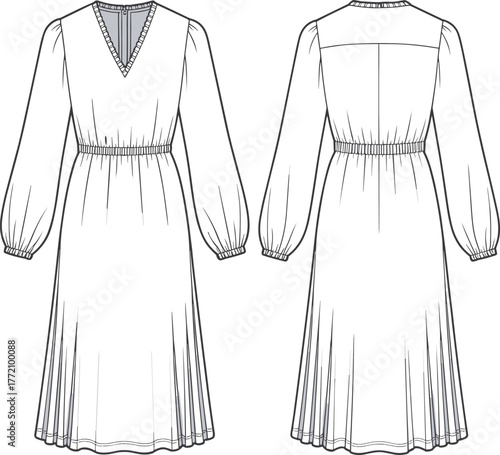 Women’s long sleeve V-neck midi dress fashion technical flat sketch, apparel template, clothing illustration, garment construction drawing, 