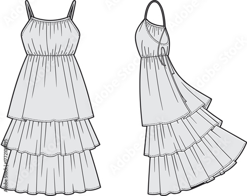 Women’s tiered ruffle maxi dress fashion technical flat sketch, sleeveless apparel template, clothing illustration, garment construction drawing, vector outline design