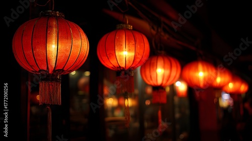 Wallpaper Mural Row of illuminated red paper lanterns hangs in the darkness creating a warm glow Torontodigital.ca