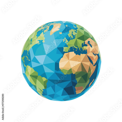 A stylized planet Earth globe vector rendered in a low-poly, geometric style with colorful triangular facets on a white background.