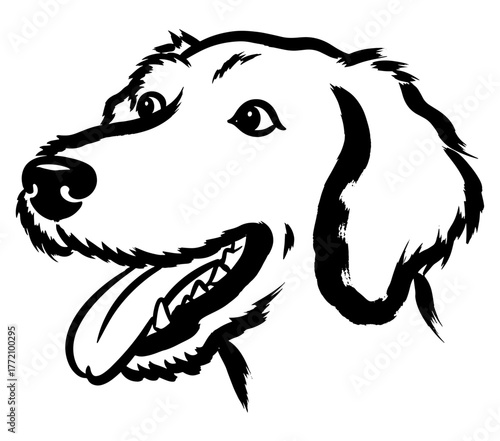 Golden retriever dog head black and white illustration of a happy dog with tongue out
