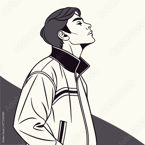 Stylized man in jacket looking up profile male