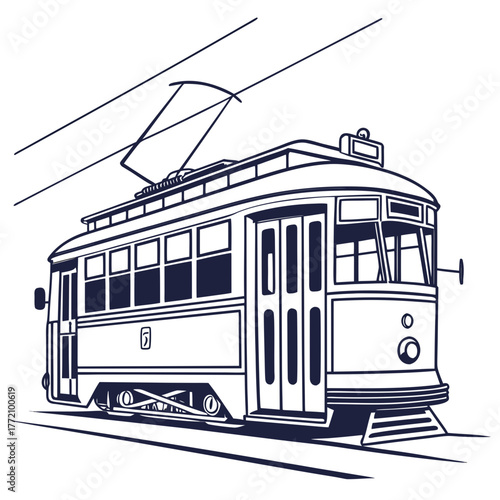 Vintage tram on tracks with overhead wires trolley