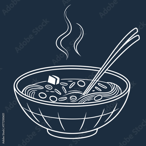 White outline steaming noodle bowl with chopsticks dark blue background