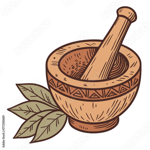 Wooden mortar and pestle with bay leaves kitchen cooking