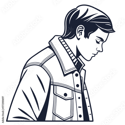 Young man in denim jacket looking down male person