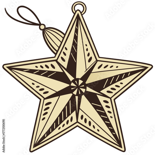 Yellow star ornament with dark brown accents and tassel