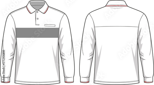 Long sleeve polo shirt flat sketch, fashion technical drawing, garment design template, apparel vector illustration, clothing specification, menswear fashion flat, detailed polo shirt design