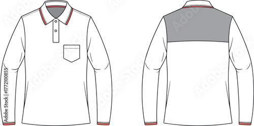 Long sleeve polo shirt flat sketch, technical fashion drawing, apparel design template, front and back view, garment specification, vector illustration, clothing mockup, menswear design, fashion CAD