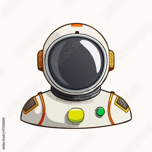 Cartoon Astronaut in White Suit with Buttons and Helmet.