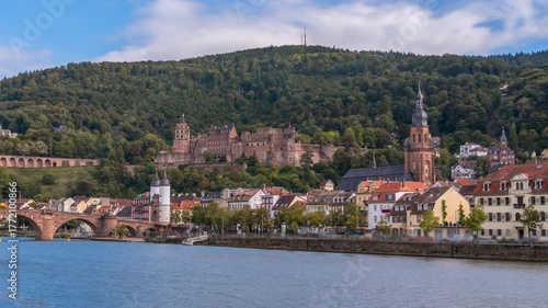 Timelapse of Heidelberg Castle and Old Bridge over the Neckar River with Cloudy Skies