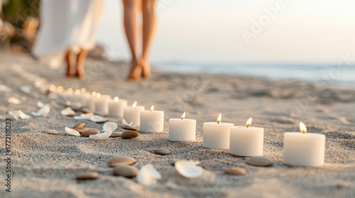 White candle ceremony on sandy beach at sunset with scattered petals and smooth stones, romantic peaceful atmosphere for couple walking barefoot along shoreline