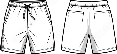 Technical shorts fashion flat sketch, front and back view, elastic waistband drawstring, patch pockets, garment template, apparel design, clothing illustration, vector outline, casual wear