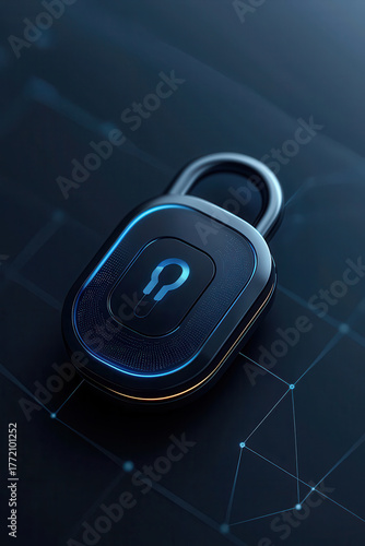 Secure digital padlock with glowing keyhole symbol on dark network grid, modern minimalist design evoking data protection and cyber security confidence