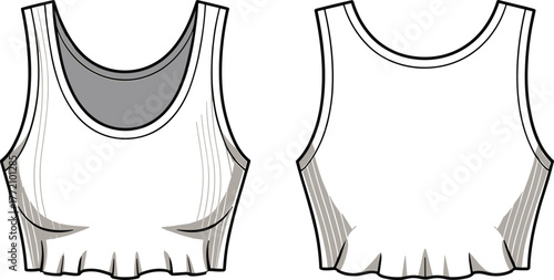 sleeveless crop top fashion flat sketch, technical garment illustration front and back, scoop neckline apparel design, pleated hem detail, vector template clothing design
