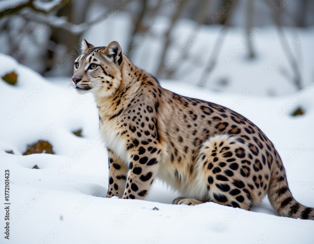 Obraz premium Sleek Spotted Feline Sitting Snowy Winter Landscape