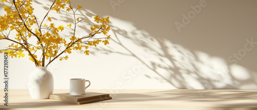 Minimalist still life with yellow flowering branch in white vase casting soft shadow beside ceramic cup and closed book on light wood surface, serene natural light and calm mood