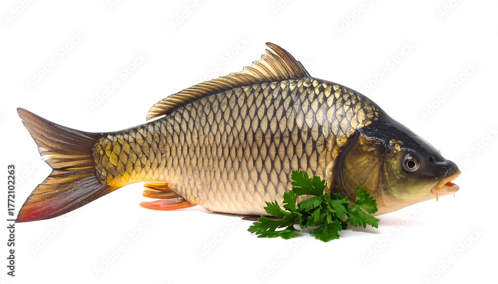 Fototapeta premium A whole carp on white. It has dark scales and fins. Fresh parsley sits beside the fish. The background is a clean white