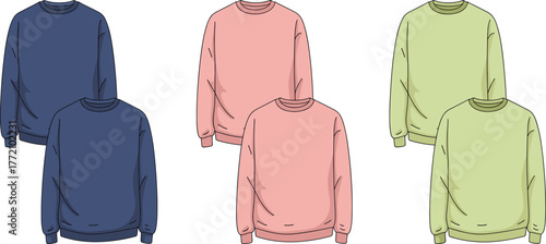 Minimalist crewneck sweatshirt mockup, long sleeve fashion template, unisex casual wear, pastel color apparel design, clothing flatlay illustration, blank garment vector, trendy outfit concept