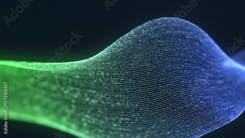 Abstract Wavy Glowing Particles Background with Gradient from Green to Blue Smoothly Flowing in a Dark Environment Creates a Mesmerizing Visual Display