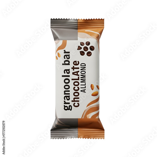 Chocolate Almond Protein Granola Bar packaging. Healthy energy snack for fitness, diet, and nutrition concepts. Ready for product mockup. Isolated on white or transparent background. PNG format.