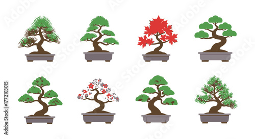 Diverse Collection of Bonsai Tree Miniatures in Planters