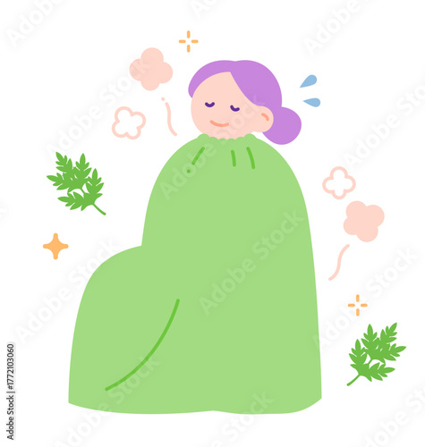 よもぎ蒸しの温活でリラックスする女性のイラスト