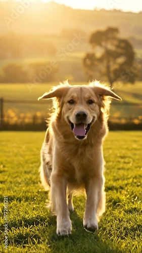 Golden Retriever Dog Running Across Grassy Field in Golden Hour Sunlight