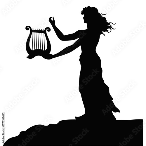 Silhouette of woman playing lyre. Ancient musician illustration. Greek mythology art. Classical goddess figure holding harp