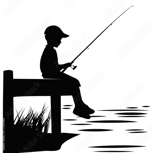 Silhouette of boy fishing on lake pier. Child holding fishing rod sitting on dock